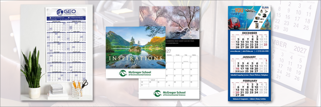 Promo products for walls - including themed calendars, three month and year at a glance calendars.