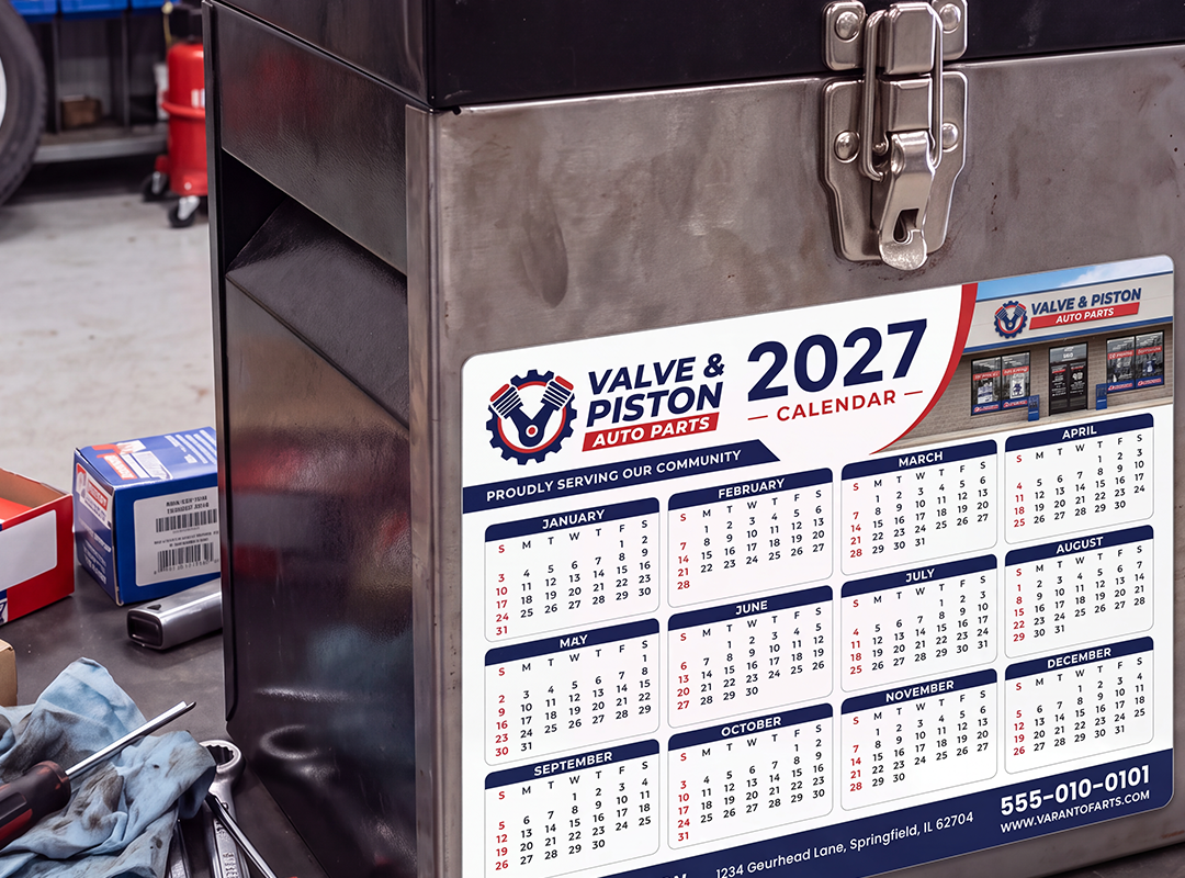 Toolbox with calendar magnet on it.