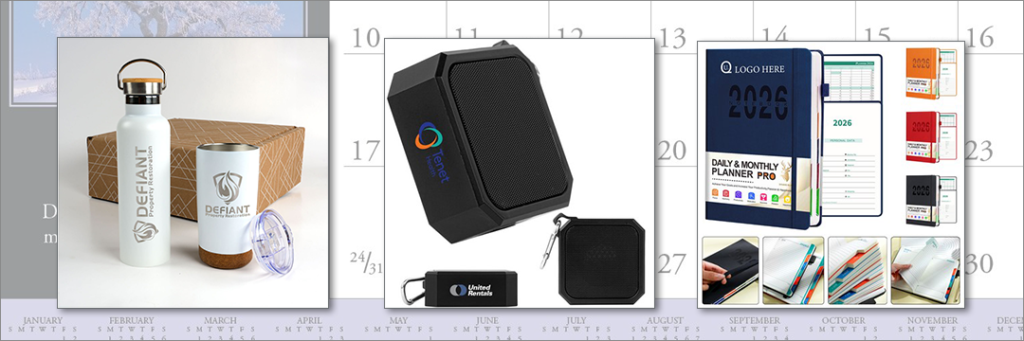 Home and office promo products - including tumblers, Bluetooth speaker and monthly planner.