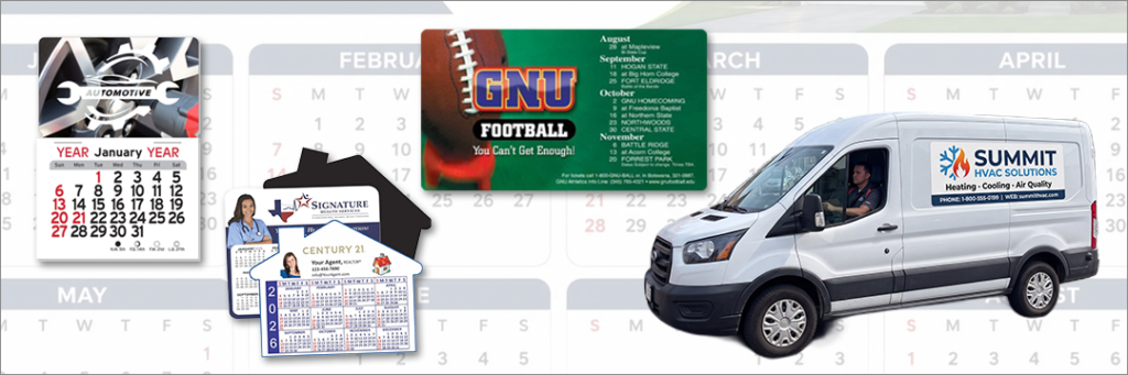 Promotional Magnets - including calendars, yearly schedules, and vehicle, company name magnets.