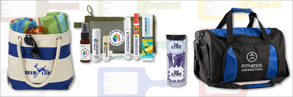Recreational and Travel promotional products, including duffel bag, golf balls, travel kits, and beach bag.