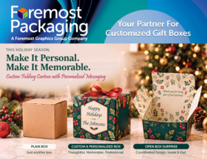 AI generated image of customized gift boxes. Printed in a holiday design and imprinted with a personalized message.