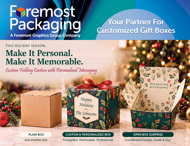 AI generated image of customized gift boxes. Printed in a holiday design and imprinted with a personalized message.